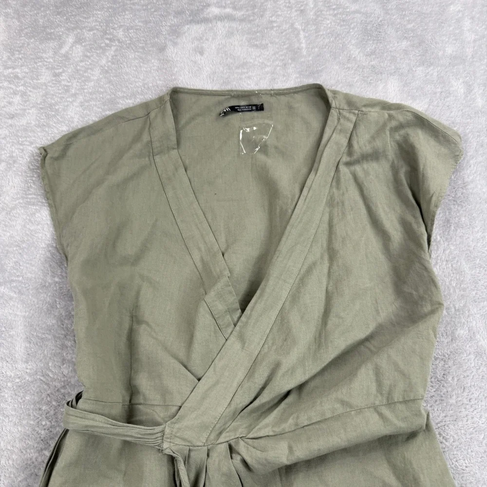 Zara Linen Blend Wrap Romper S Olive Green Womens Boho Summer Tie Waist Playsuit